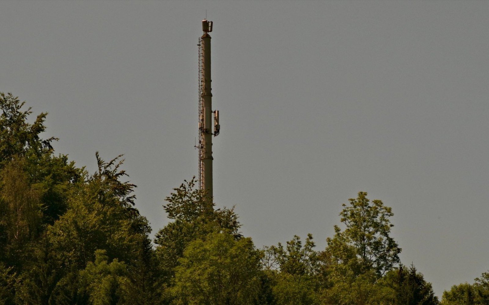 A lattice transmitter mast on the Norwegian coast against flat overcast sky, an engineer in high-vis standing at the base for scale